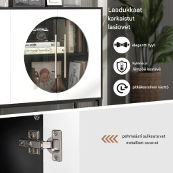 Valkoinen ja musta lasiovellinen metallijalkainen monikäyttöinen sivupöytä