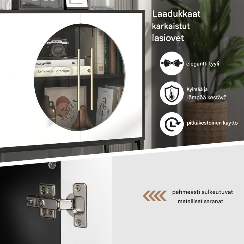 Valkoinen ja musta lasiovellinen metallijalkainen monikäyttöinen sivupöytä