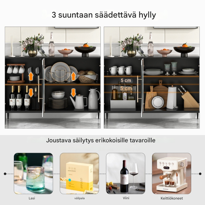 Valkoinen ja musta lasiovellinen metallijalkainen monikäyttöinen sivupöytä