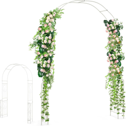 Valkoinen metallinen puutarhakaari köynnöskasveille ja ruusuille