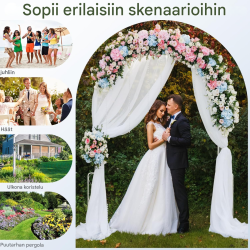 Valkoinen metallinen puutarhakaari köynnöskasveille ja ruusuille