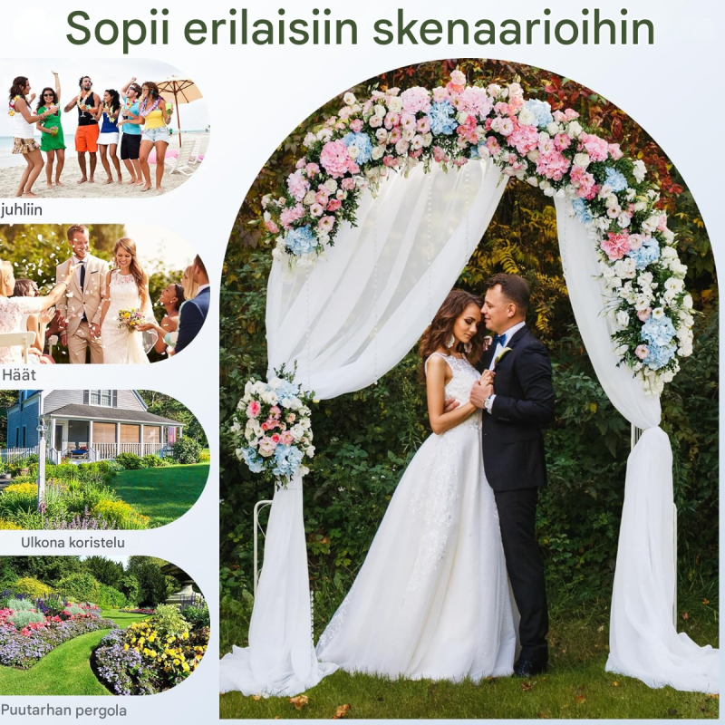 Valkoinen metallinen puutarhakaari köynnöskasveille ja ruusuille