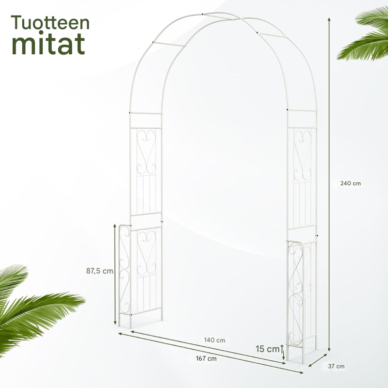 Valkoinen metallinen puutarhakaari köynnöskasveille ja ruusuille