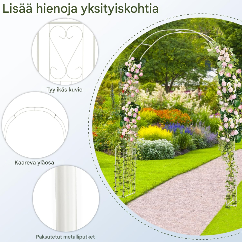 Valkoinen metallinen puutarhakaari köynnöskasveille ja ruusuille