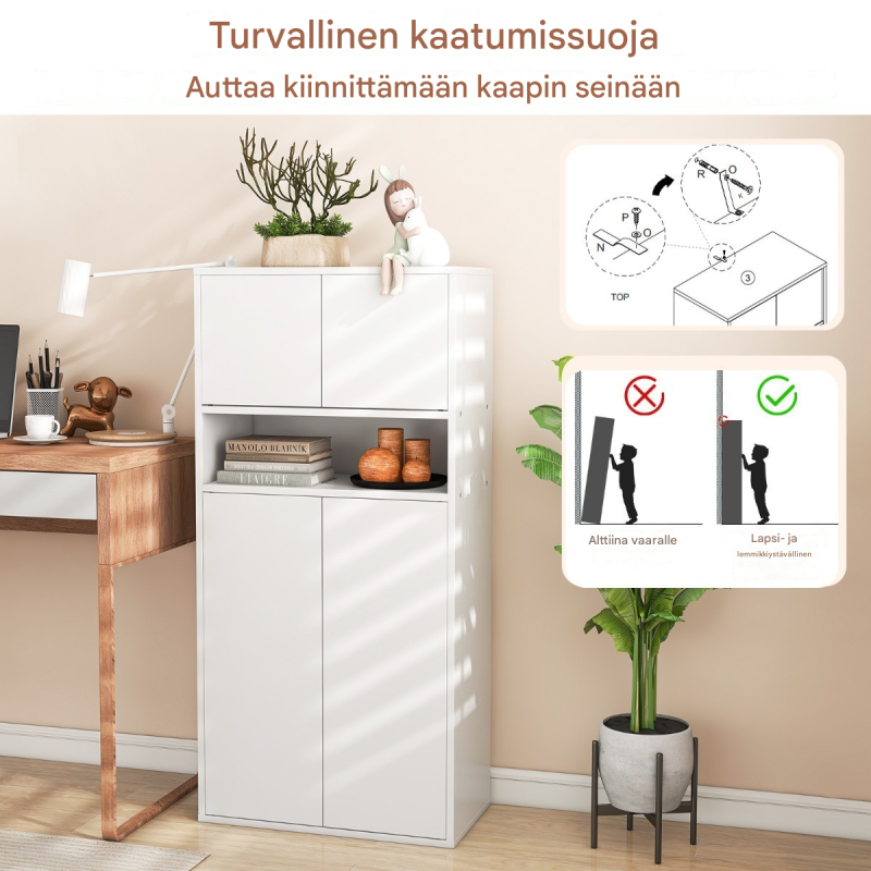 Valkoinen kirjahylly ovilla ja säädettävillä hyllyillä Valkoinen kirjahylly ovilla ja säädettävillä hyllyillä