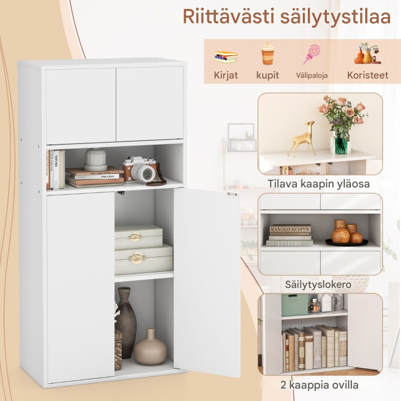 Valkoinen kirjahylly ovilla ja säädettävillä hyllyillä Valkoinen kirjahylly ovilla ja säädettävillä hyllyillä
