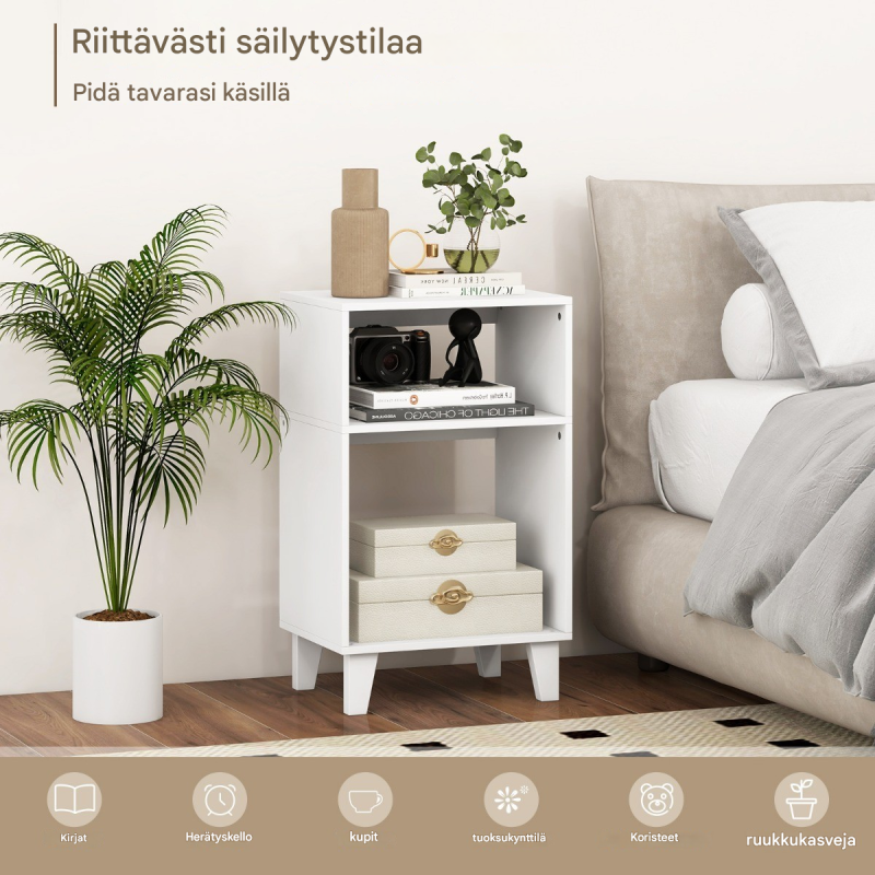 Kolmitasoinen valkoinen sivupöytä säilytystilalla ja puujaloilla