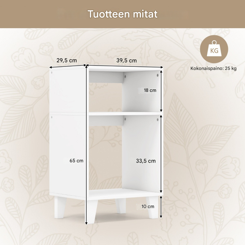 Kolmitasoinen valkoinen sivupöytä säilytystilalla ja puujaloilla