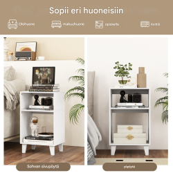 Kolmitasoinen valkoinen sivupöytä säilytystilalla ja puujaloilla