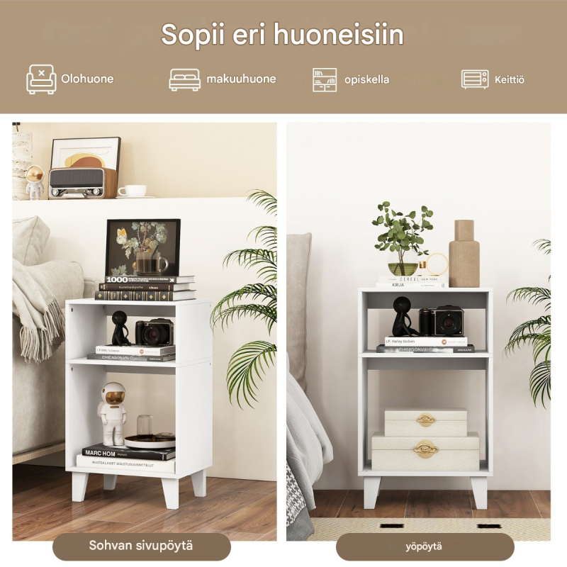 Kolmitasoinen valkoinen sivupöytä säilytystilalla ja puujaloilla