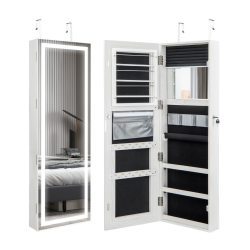 Lukittava valkoinen korukaappi peilillä ja LED-valaistuksella