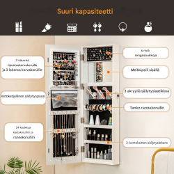 Lukittava valkoinen korukaappi peilillä ja LED-valaistuksella