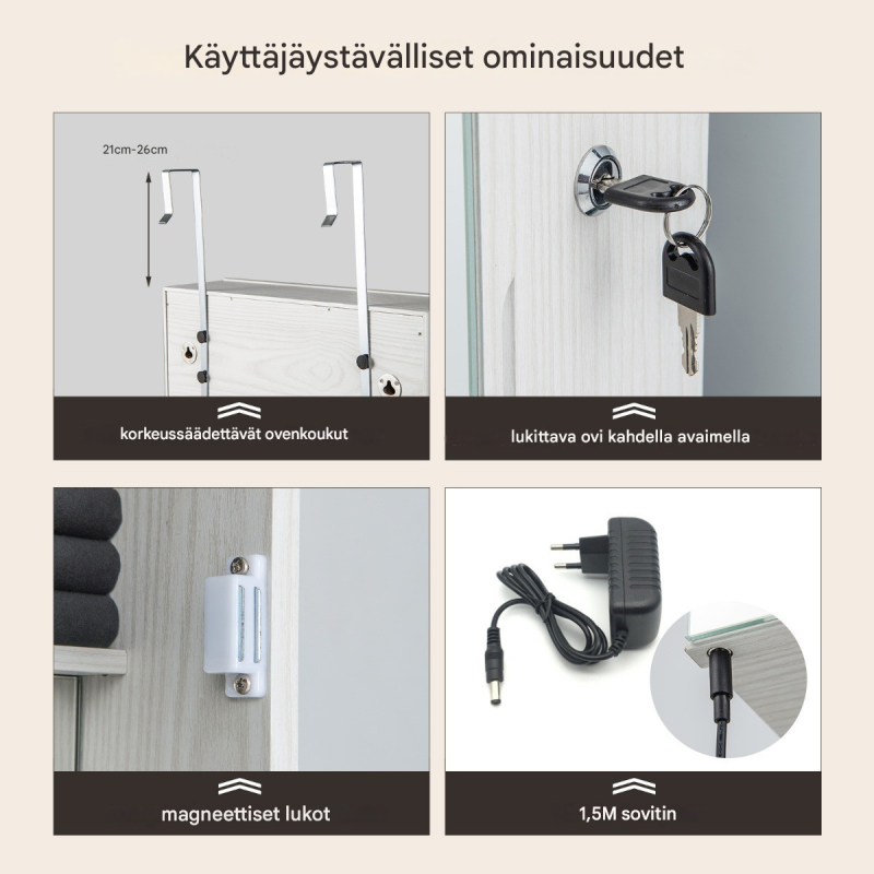 Lukittava valkoinen korukaappi peilillä ja LED-valaistuksella
