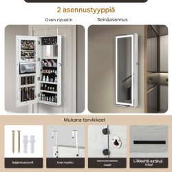 Lukittava valkoinen korukaappi peilillä ja LED-valaistuksella