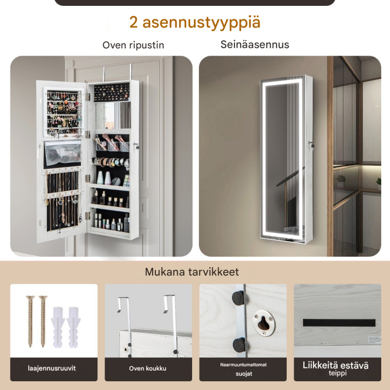 Lukittava valkoinen korukaappi peilillä ja LED-valaistuksella