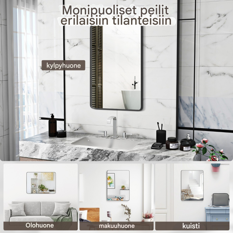 Hopeapeili kylpyhuoneeseen, sirpaleeton ja vesi- sekä ruosteenkestävä