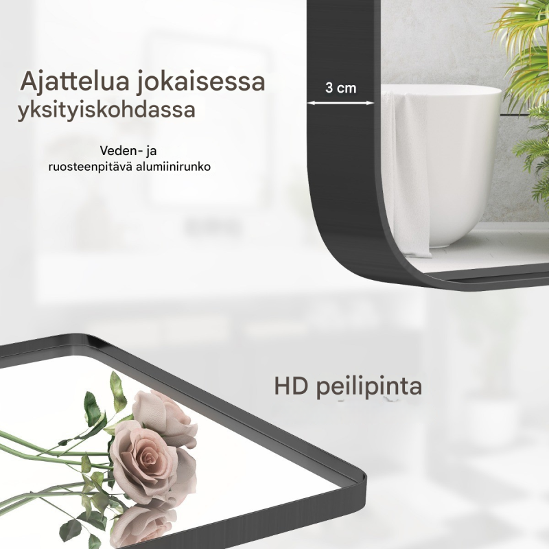 Hopeapeili kylpyhuoneeseen, sirpaleeton ja vesi- sekä ruosteenkestävä