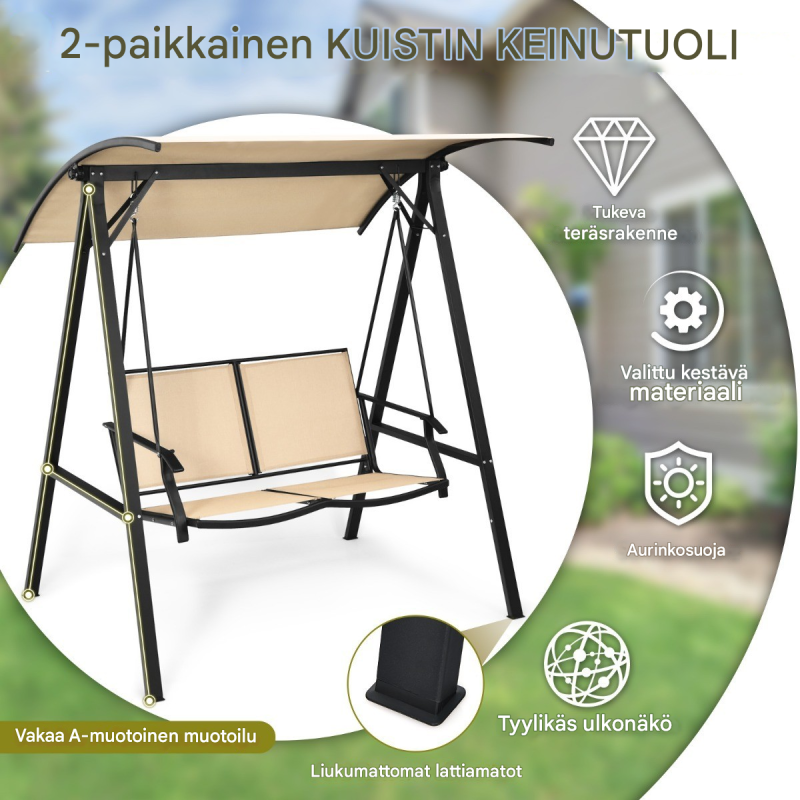 Kaksipaikkainen säädettävä terassikeinu katoksella, beige Kaksipaikkainen säädettävä terassikeinu katoksella, beige