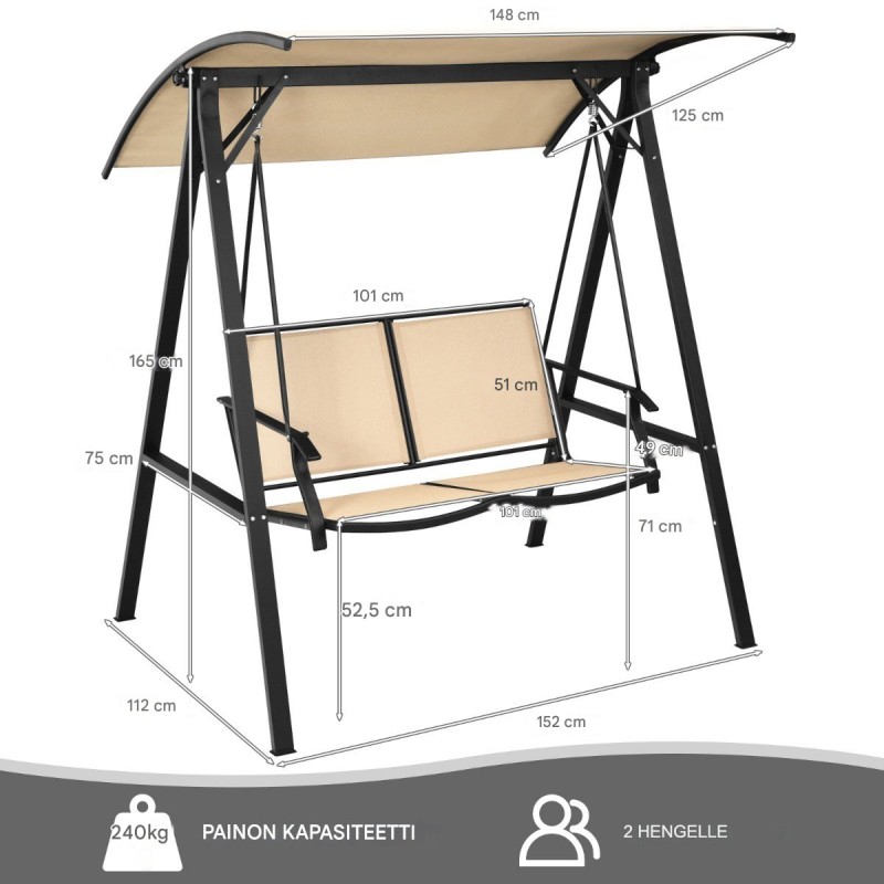 Kaksipaikkainen säädettävä terassikeinu katoksella, beige Kaksipaikkainen säädettävä terassikeinu katoksella, beige