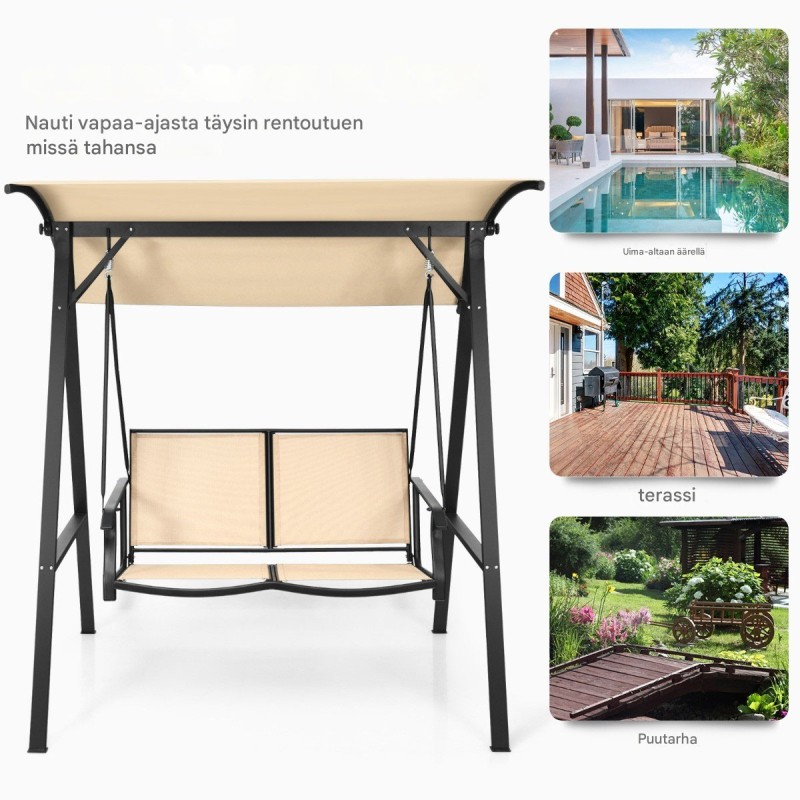 Kaksipaikkainen säädettävä terassikeinu katoksella, beige Kaksipaikkainen säädettävä terassikeinu katoksella, beige