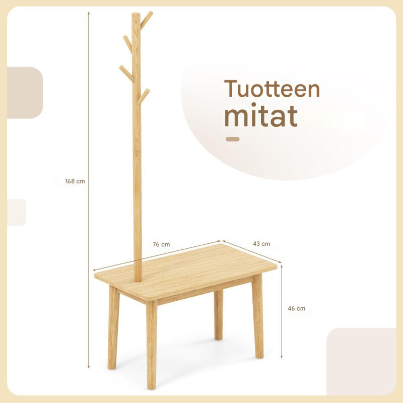 3-in-1 massiivipuinen naulakko ja kenkäpenkki luonnonvärinen