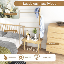 3-in-1 massiivipuinen naulakko ja kenkäpenkki luonnonvärinen