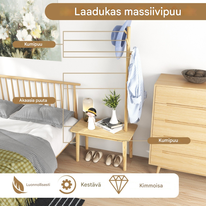 3-in-1 massiivipuinen naulakko ja kenkäpenkki luonnonvärinen