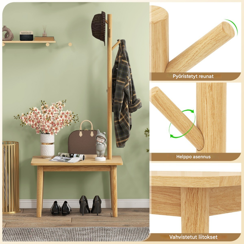 3-in-1 massiivipuinen naulakko ja kenkäpenkki luonnonvärinen