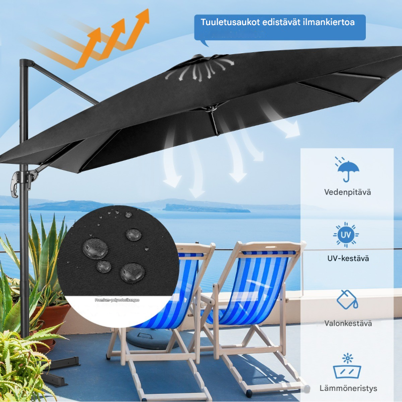 Musta neliönmuotoinen aurinkovarjo 300x300 cm kääntyvä