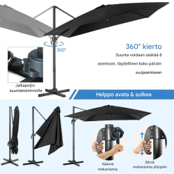 Musta neliönmuotoinen aurinkovarjo 300x300 cm kääntyvä