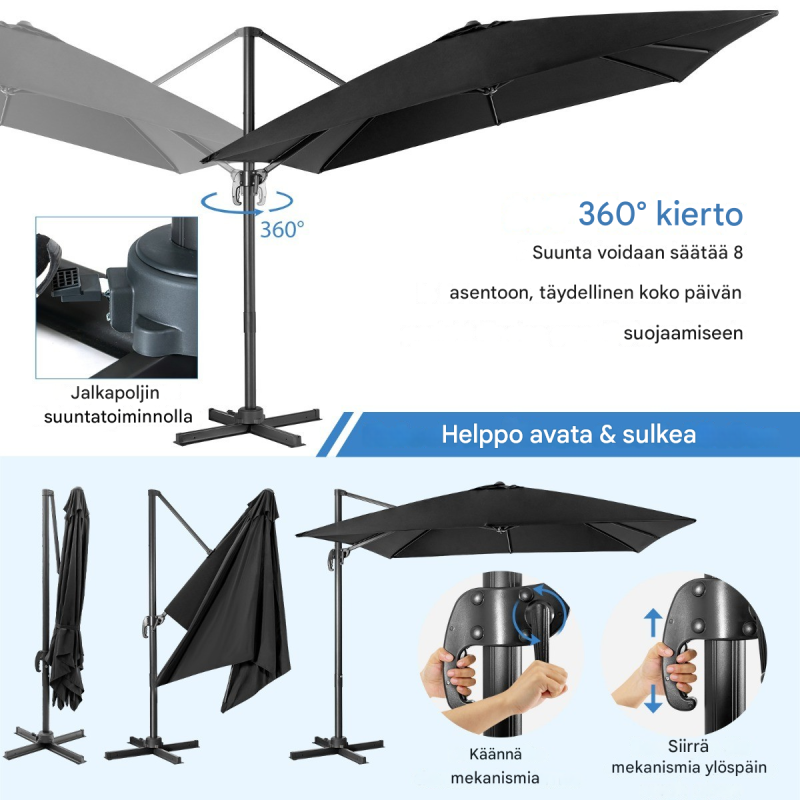 Musta neliönmuotoinen aurinkovarjo 300x300 cm kääntyvä