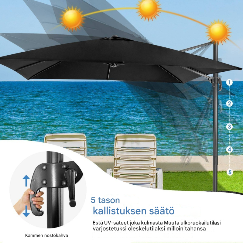 Musta neliönmuotoinen aurinkovarjo 300x300 cm kääntyvä