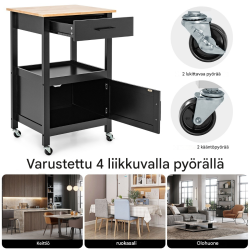Musta kompakti keittiövaunu pyörillä ja säilytystilalla