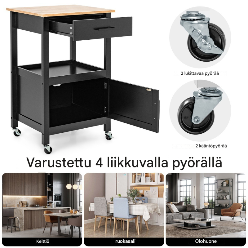 Musta kompakti keittiövaunu pyörillä ja säilytystilalla