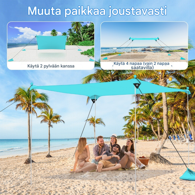 Kannettava turkoosi aurinkosuoja 230x200 cm hiekkasäkeillä