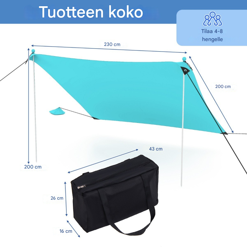 Kannettava turkoosi aurinkosuoja 230x200 cm hiekkasäkeillä