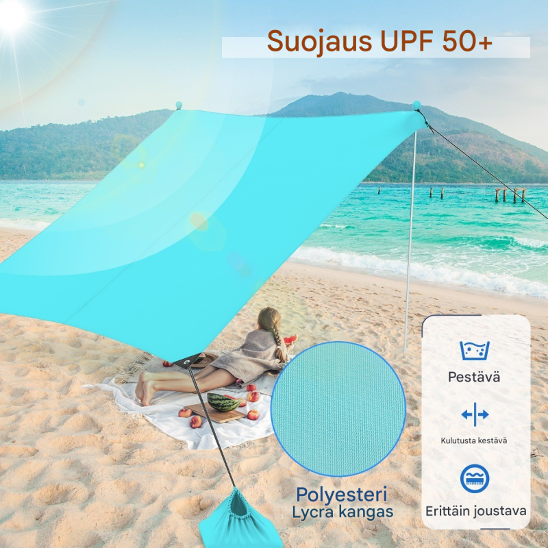 Kannettava turkoosi aurinkosuoja 230x200 cm hiekkasäkeillä