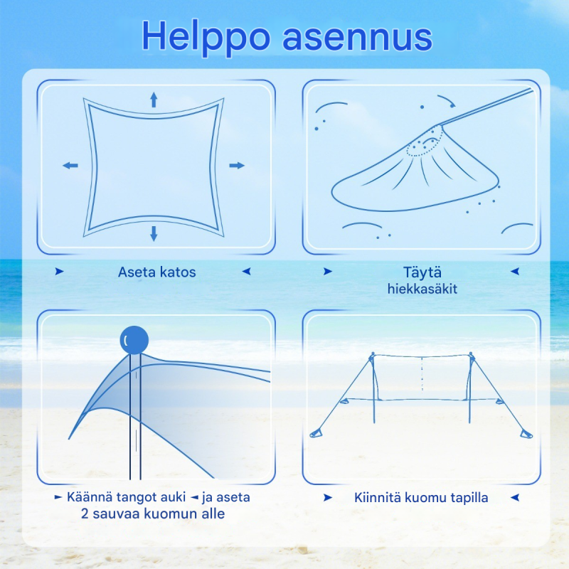 Sininen aurinkosuoja 230x200 cm UPF 50+ hiekkasäkeillä