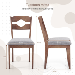 Kaksi ruskeaa maalaistyylin ruokailutuolia pehmustetulla istuimella