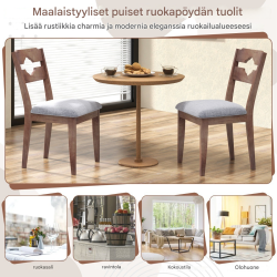 Kaksi ruskeaa maalaistyylin ruokailutuolia pehmustetulla istuimella