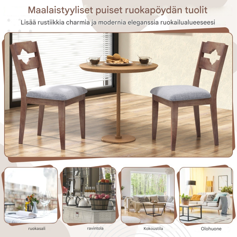 Kaksi ruskeaa maalaistyylin ruokailutuolia pehmustetulla istuimella