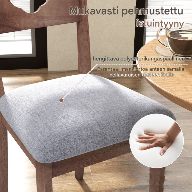 Kaksi ruskeaa maalaistyylin ruokailutuolia pehmustetulla istuimella