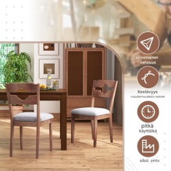 Kaksi ruskeaa maalaistyylin ruokailutuolia pehmustetulla istuimella