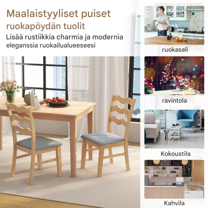 Kaksi puutuolia setti luonnollinen kumipuu ja pehmustettu istuin