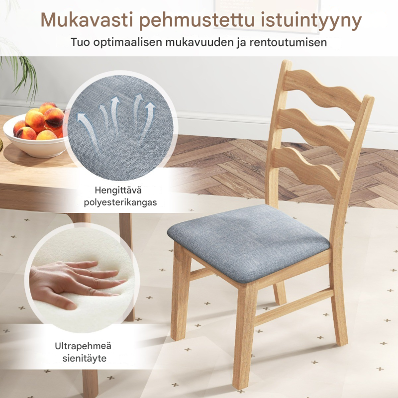 Kaksi puutuolia setti luonnollinen kumipuu ja pehmustettu istuin