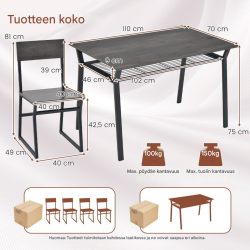 Harmaa 5-osainen ruokailuryhmä pöydällä ja neljällä tuolilla