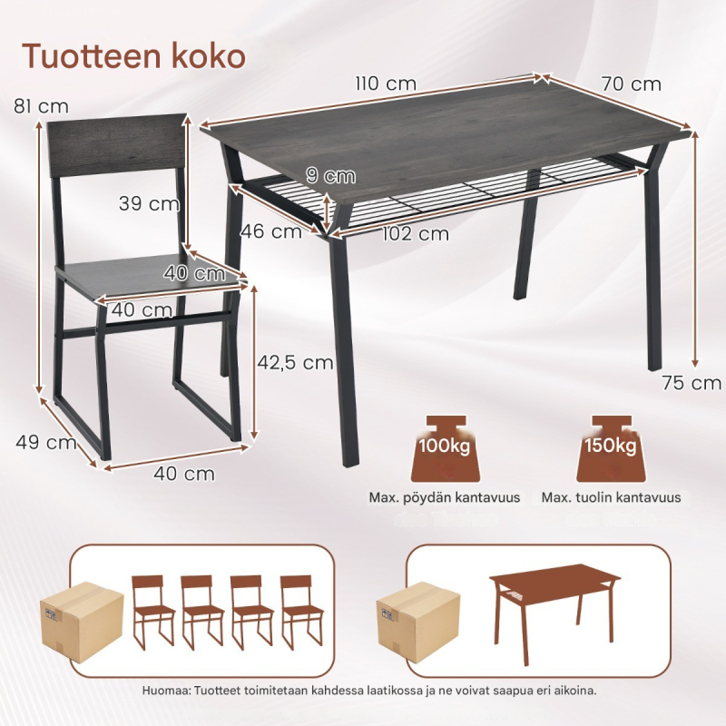 Harmaa 5-osainen ruokailuryhmä pöydällä ja neljällä tuolilla
