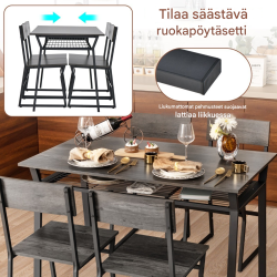 Harmaa 5-osainen ruokailuryhmä pöydällä ja neljällä tuolilla