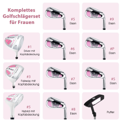 Naisten 11-osainen oikeakätinen golfsetti sadesuojalla, pinkki - oikeakätinen