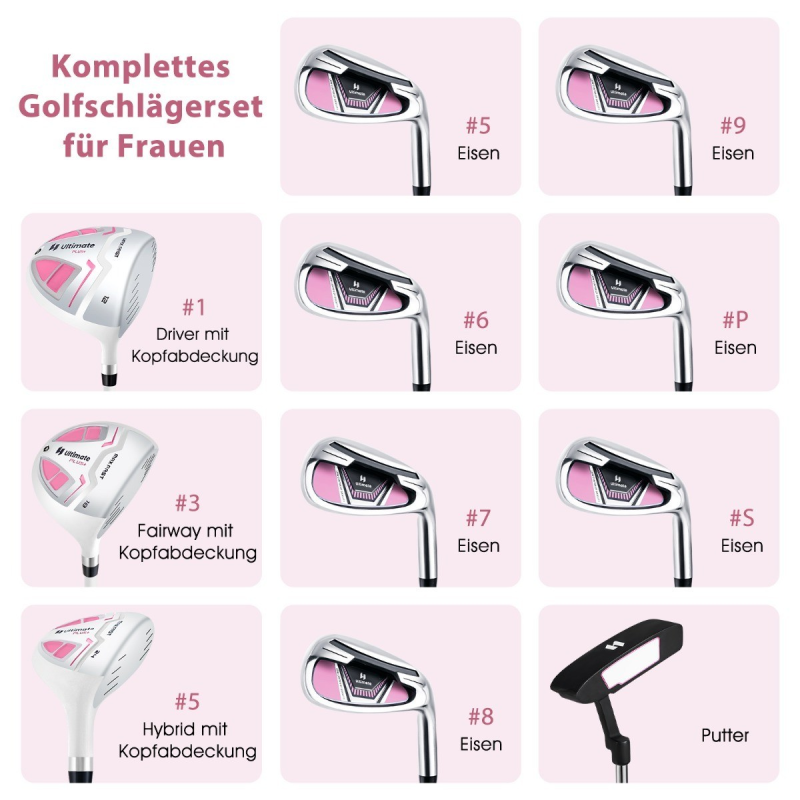 Naisten 11-osainen oikeakätinen golfsetti sadesuojalla, pinkki - oikeakätinen